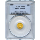 1849 G$1 Liberty Head Gold Dollar, Open Wreath PCGS MS66