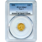 1854 G$1 Indian Princess Gold Dollar, Type 2 PCGS MS63