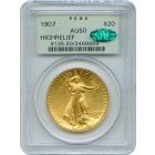 1907 $20 Saint Gaudens Double Eagle, High Relief Wire Edge PCGS AU50 (CAC)