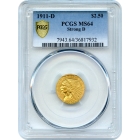 1911-D $2.50 Indian Head Quarter Eagle, Strong D PCGS MS64