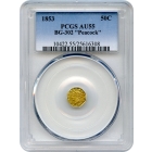 BG- 302, 1853 California Gold Rush Circulating Fractional Gold 50C, Liberty Octagonal, "Peacock" Reverse PCGS AU55 R4-