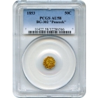 BG- 302, 1853 California Gold Rush Circulating Fractional Gold 50C, Liberty Octagonal, "Peacock" Reverse PCGS AU58 R4-