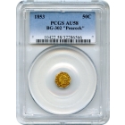 BG- 302, 1853 California Gold Rush Circulating Fractional Gold 50C, Liberty Octagonal, Peacock Reverse PCGS AU58 R4-