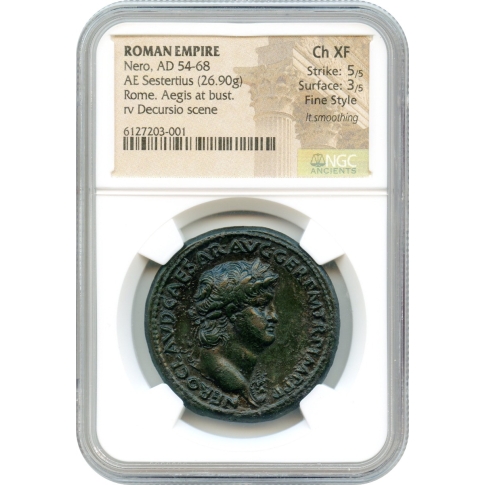 Ancient Rome - 54-68 CE Nero AE Sestertius NGC Choice XF Fine Style