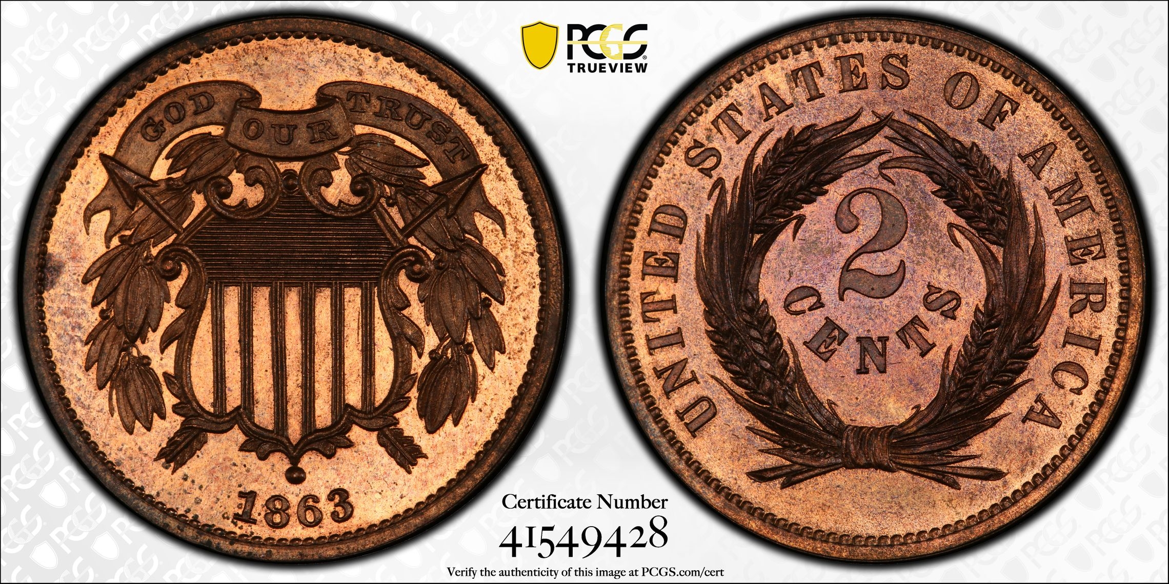 1863 2C Two Cent Piece Pattern, J-312 PCGS PR65RB