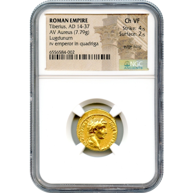 Ancient Rome - 14-37 CE Tiberius AV Aureus NGC Choice VF - Quadriga reverse!