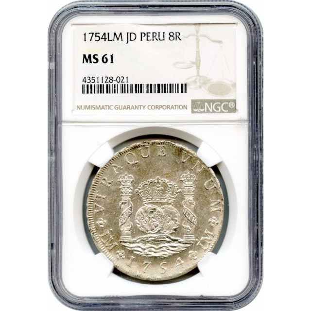 World Silver - 1754 Peru 8 Reales LM JD NGC MS61