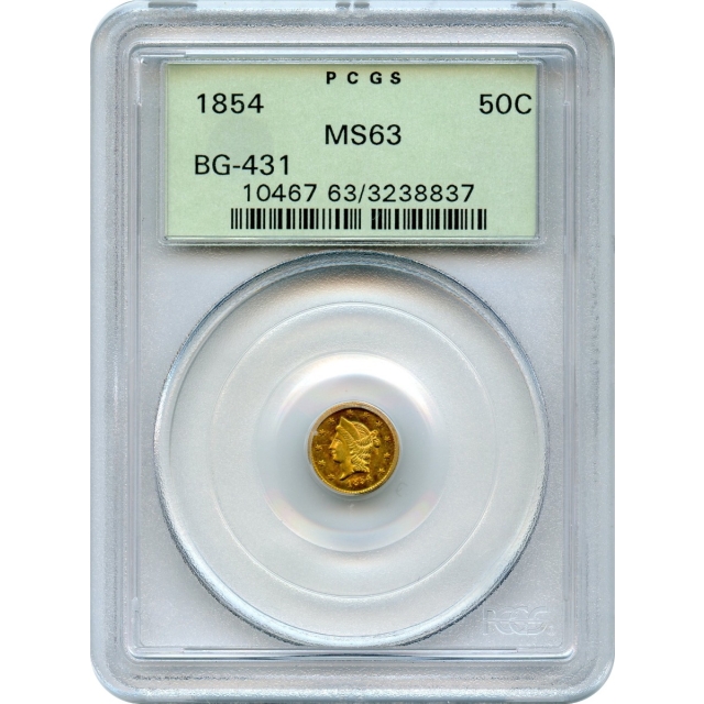 BG- 431, 1854 California Gold Rush Circulating Fractional Gold 50C, Liberty Round PCGS MS63 R5-