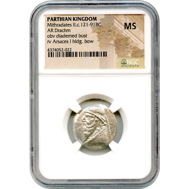Ancient Persia - 121-91 BCE Parthian Kingdom, Mithradates II AR Drachm NGC Mint State