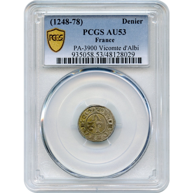 World Silver France - 1248-1278 Denier, Languedoc Vicomte d'Albi PCGS AU53