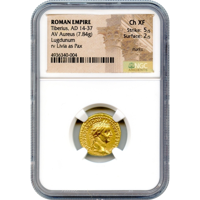 Ancient Rome - 14-37 CE Tiberius AV Aureus NGC Choice XF - 'Money of the Bible'
