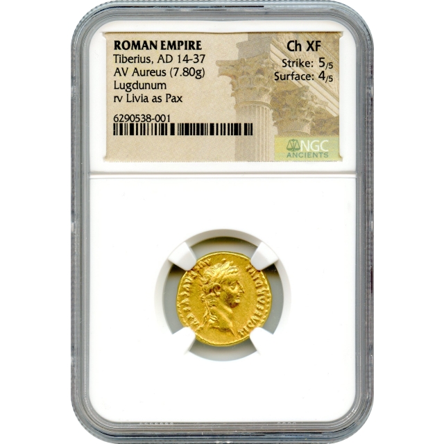 Ancient Rome - 14-37 CE Tiberius AV Aureus NGC Choice XF - 'Money of the Bible'	