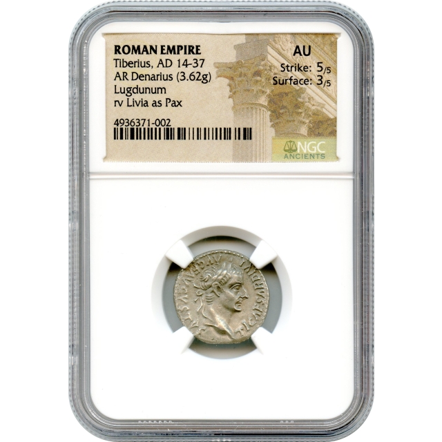 Ancient Rome - 14-37 CE Tiberius AR Denarius NGC AU - Tribute Money From Bible