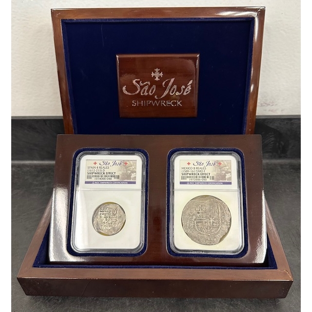 World Silver - 1589-1621 São Jose Shipwreck Cob 4 & 8 Reales Pair NGC Shipwreck Effect in custom box