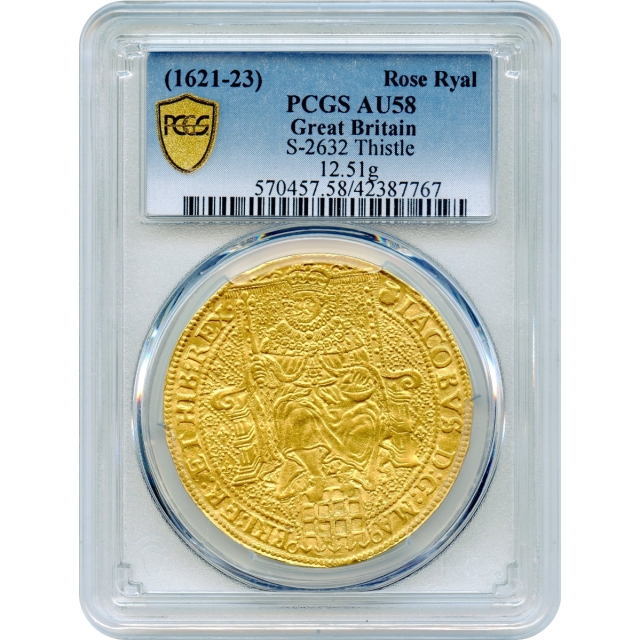 World Gold - 1621-1623 Great Britain, Rose Ryal S-2632 Thistle PCGS AU58