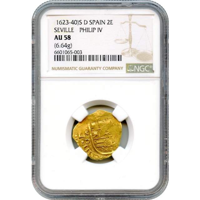 World Gold - 1623-1640SD 2 Escudos Spain Seville Mint, Philip IV Type NGC AU58 