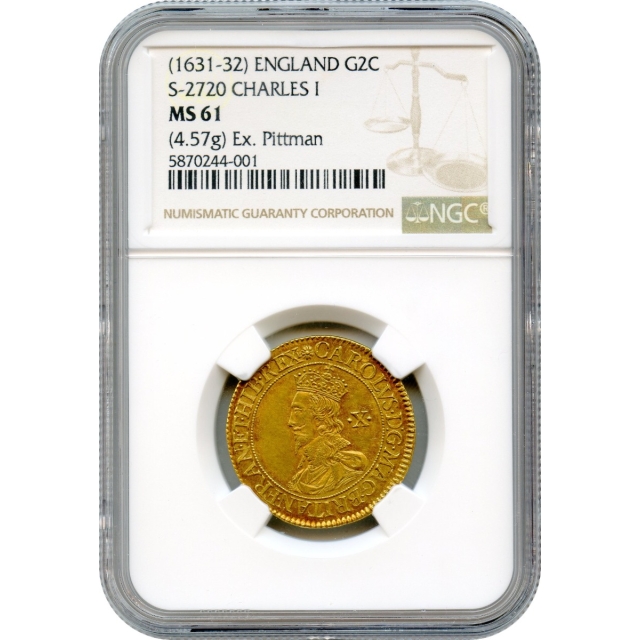 World Gold - 1631-1632 Gold Double Crown, Charles I Great Britain (S-2720) NGC MS61