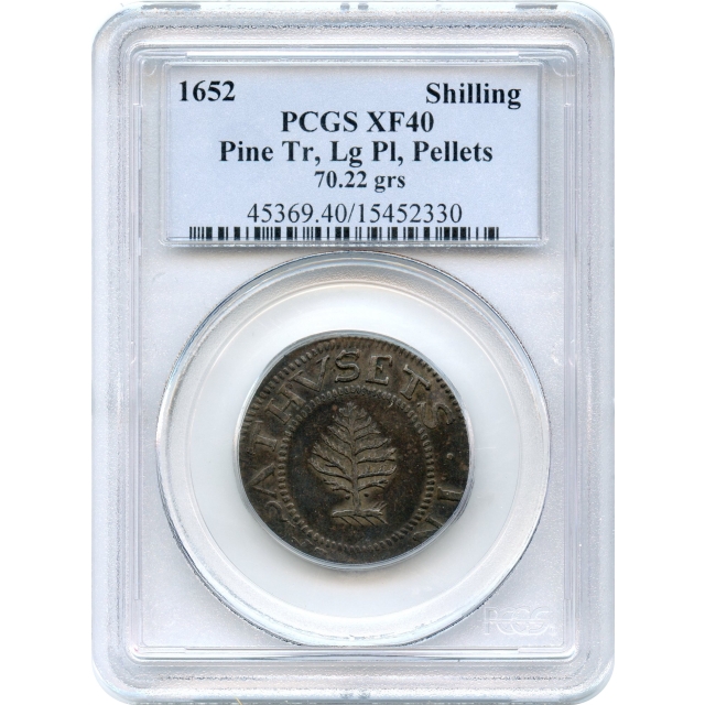 1652 Massachusetts Pine Tree Shilling, Large Planchet, Pellets at Trunk PCGS XF40