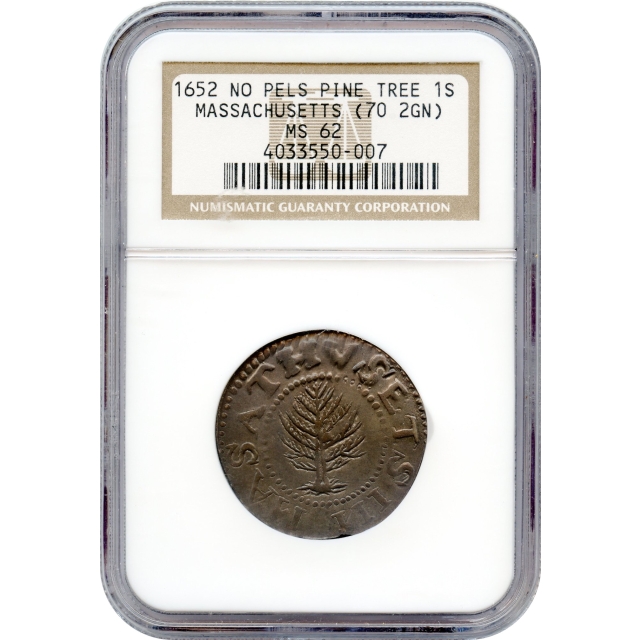 Colonials - 1652 Massachusetts Pine Tree Shilling, Large Planchet No Pellets, 70.2gns NGC MS62