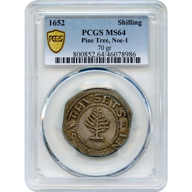 1652 Massachusetts Pine Tree Shilling, Large Planchet, 70gn PCGS MS64 - Finest Known Noe 1