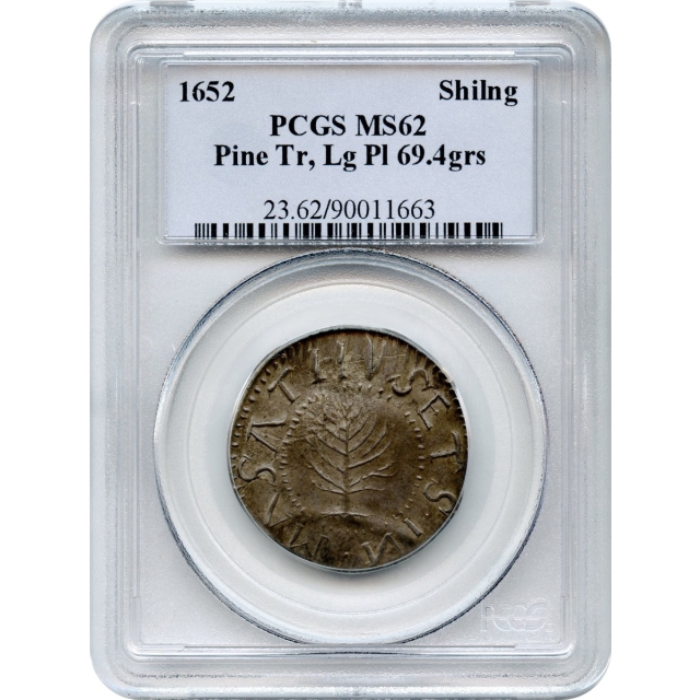1652 Massachusetts Pine Tree Shilling, Large Planchet, 69.4gns PCGS MS62 - Possibly finest known Noe.5
