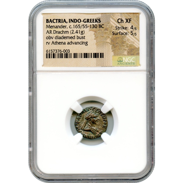 Ancient Greece - 165/55-130 BCE Bactria, Indo-Greeks AR Drachm, Menander I NGC ChXF