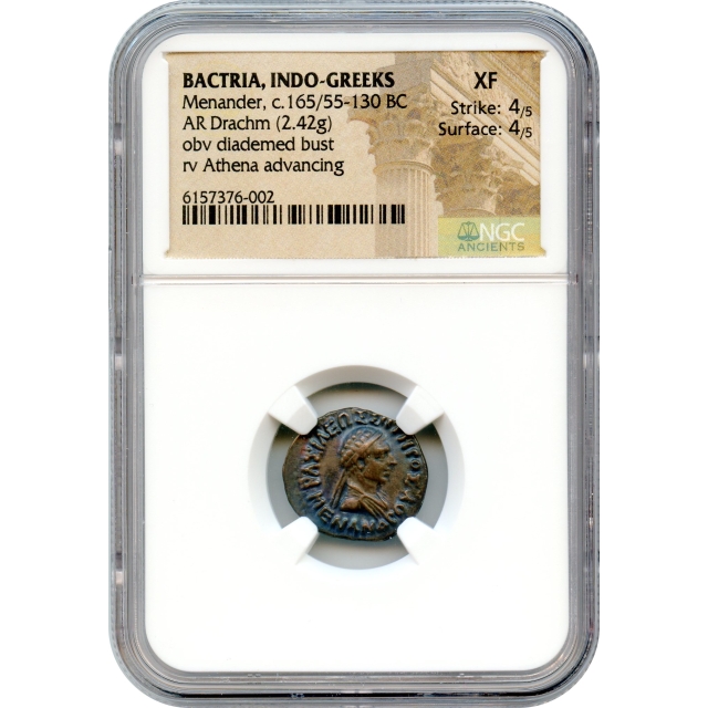 Ancient Greece - 165/55-130 BCE Bactria, Indo-Greeks AR Drachm, Menander I NGC XF