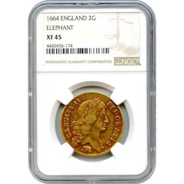 World Gold - 1664 English 2 Guinea Gold Piece, 'Elephant' variety, NGC XF45