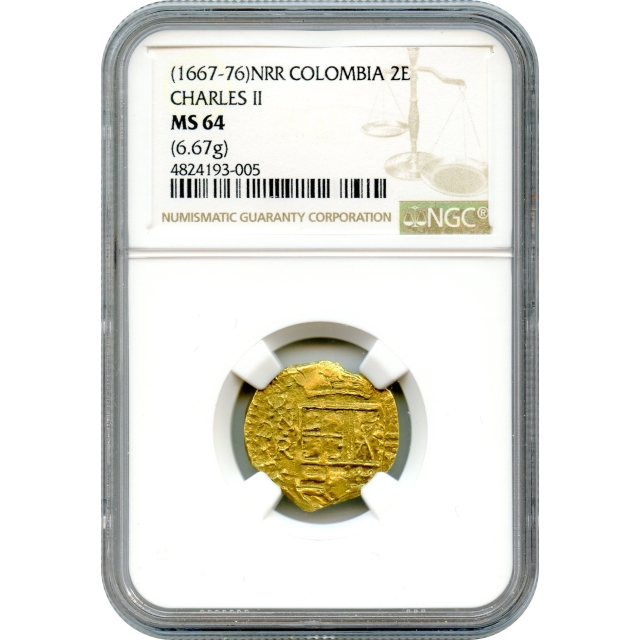 World Gold - 1667-1676 2 Escudos Charles II Columbia, NNR Mint NGC MS64