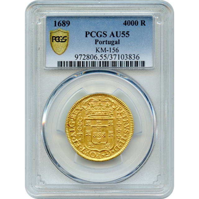 World Gold Portugal - 1689 4000 Reis, KM-156 PCGS AU55