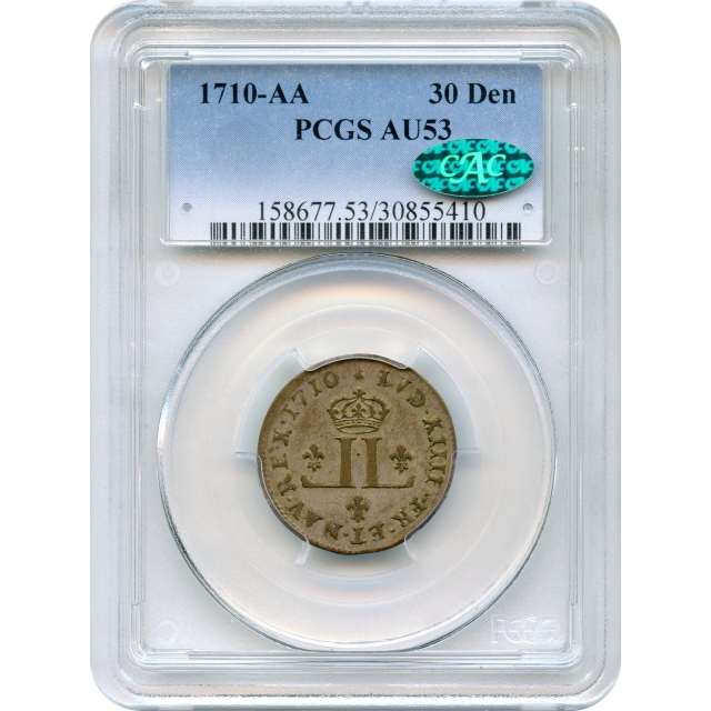 World Silver - 1710-AA French Colonies 30 Denier PCGS AU53 (CAC)