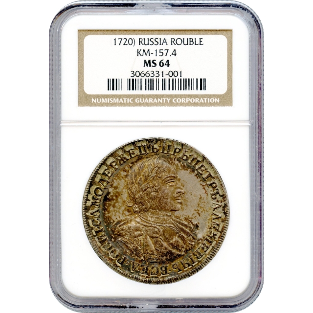 World Silver - 1720 (No Date) Russia Rouble, Peter I (the Great) NGC MS64