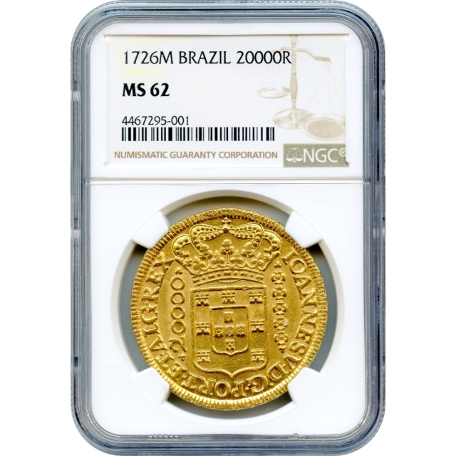 World Gold - 1726-M Brazil 20,000 Reis NGC MS62