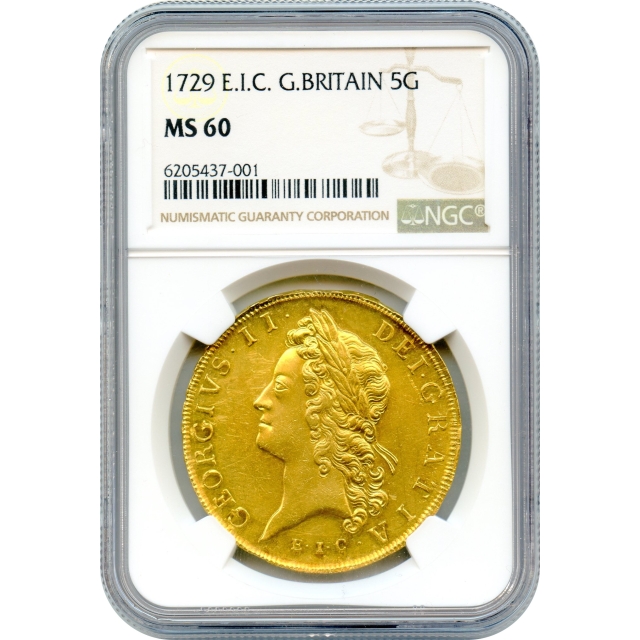 1729 5 Guinea Great Britain E.I.C. NGC MS60