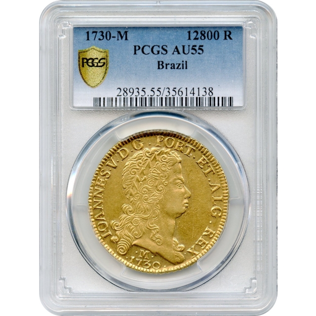 World Gold - 1730-M Brazil 12,800 Reis PCGS AU55