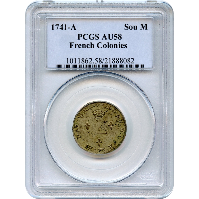 World Silver - 1741-A French Colonies Sou Marque, Paris Mint PCGS AU58