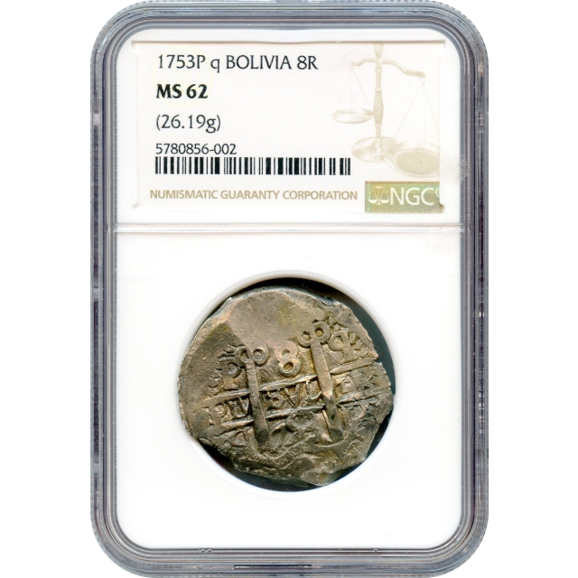 World Silver - 1753-P 8 Reales Bolivia NGC MS62