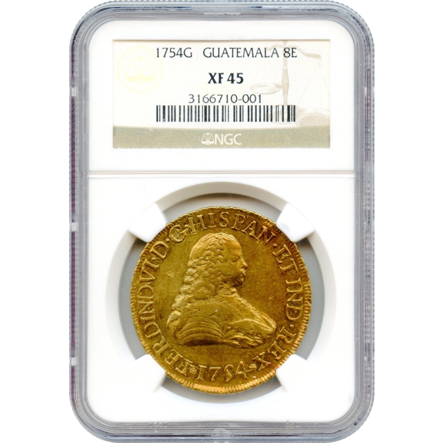 World Gold - 1754GJ 8 Escudos, Guatemala NGC XF45 