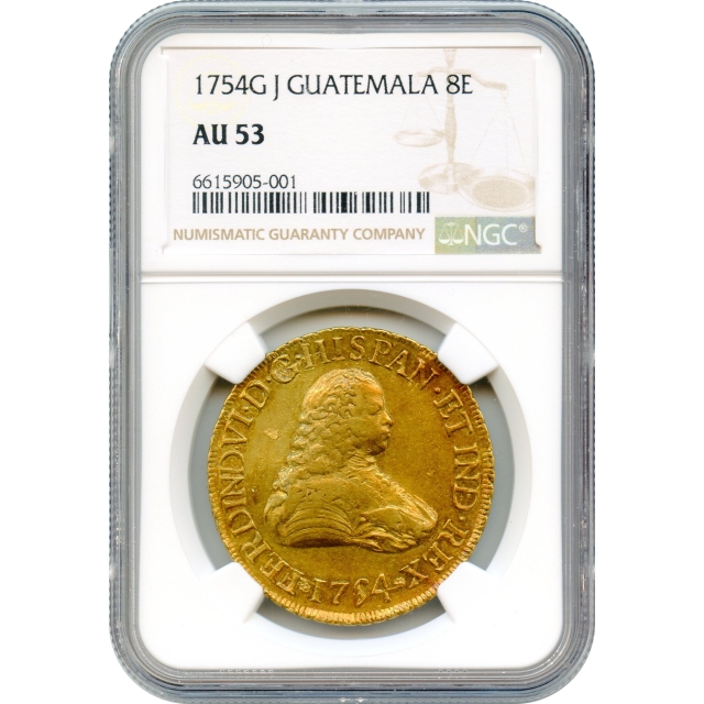World Gold - 1754GJ 8 Escudos, Guatemala NGC AU53 - extremely rare!