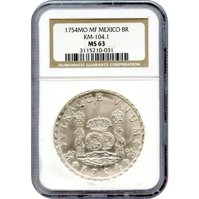 World Silver - 1754MO MF 8 Reales, Mexico KM-104.1 NGC MS63