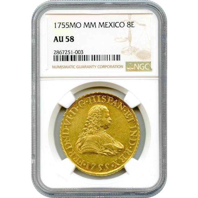 World Gold - 1755MO 8 Escudos, Mexico City Mint NGC AU58