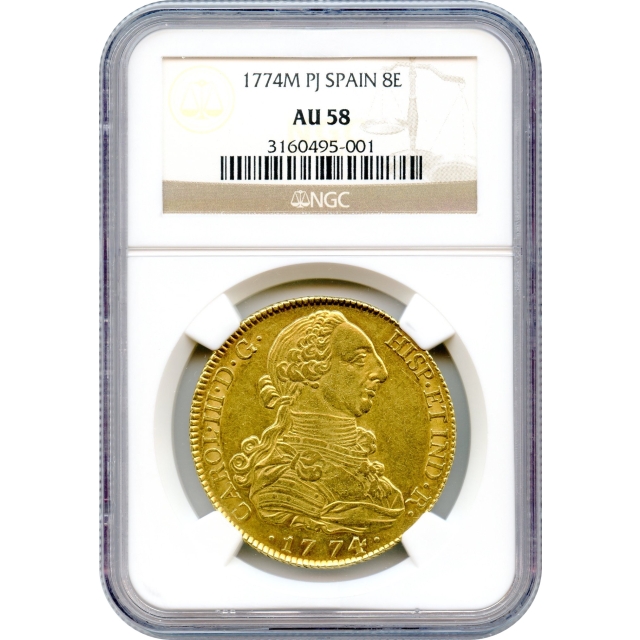 World Gold - 1774M PJ 8 Escudos Spain NGC AU58