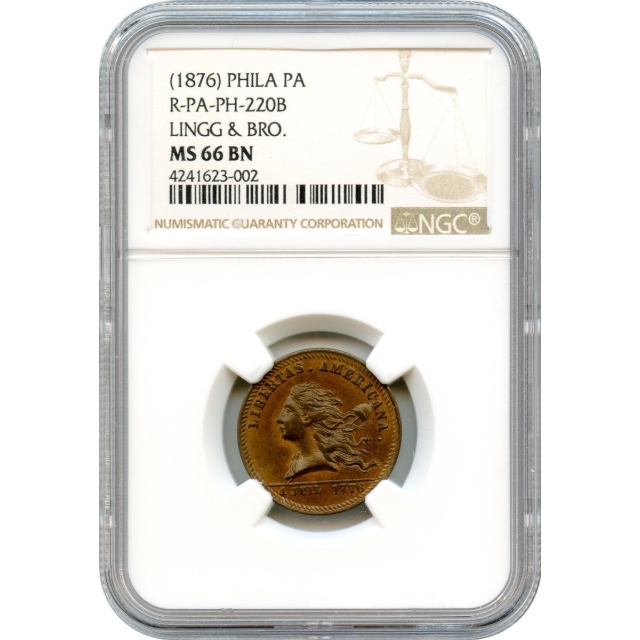 1876 Libertas Americana Copper Token by Lingg & Brothers, Pa-Ph 220B NGC MS66 Brown