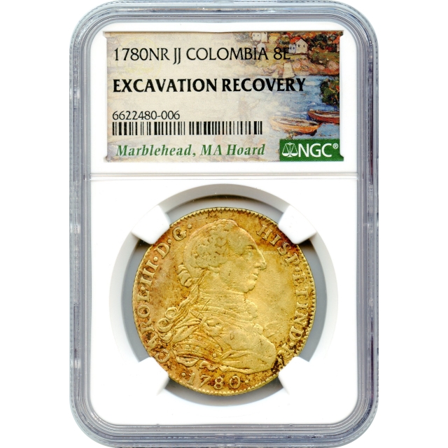 World Gold - 1780NR JJ 8 Escudos Columbia NGC MS0 Ex. Marblehead Hoard