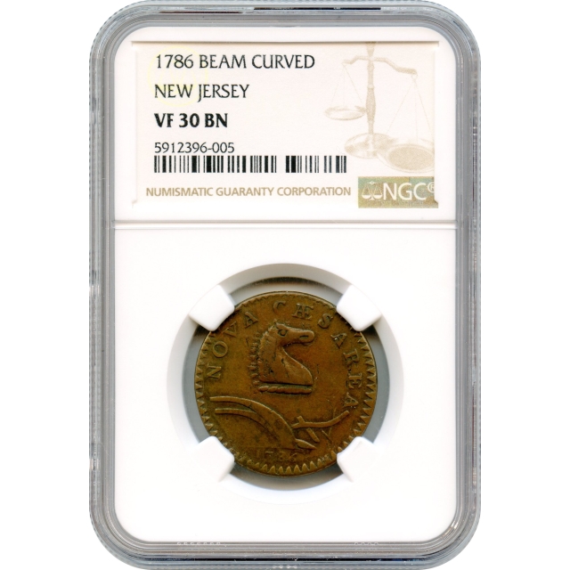 1786 New Jersey Copper, Narrow Shield, Curved Plow Beam NGC VF30BN
