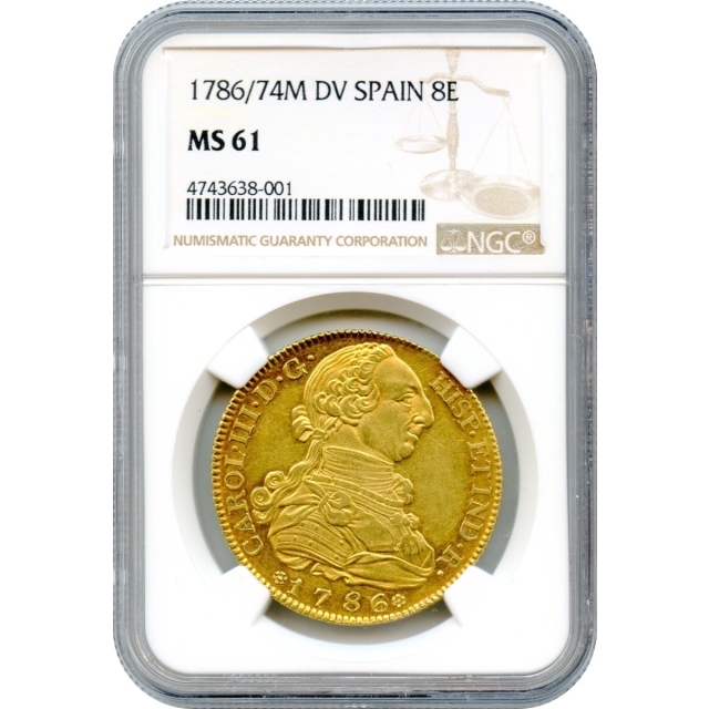World Gold - 1786/74 8 Escudos, Madrid mint, Spain DV NGC MS61