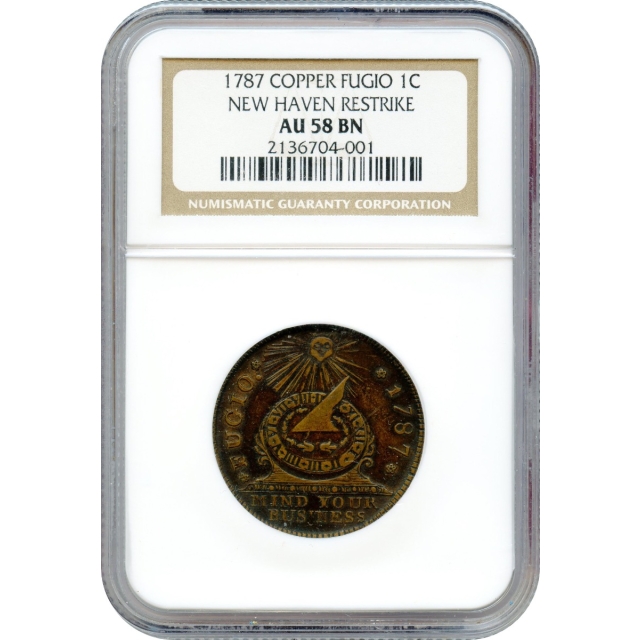 1787 1C Fugio Cent, New Haven Restrike NGC AU58BN