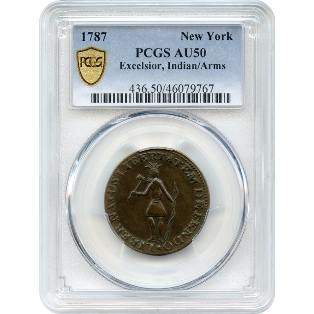 1787 New York Excelsior Colonial, Indian & Arms PCGS AU50BN Ex. Garrett Collection