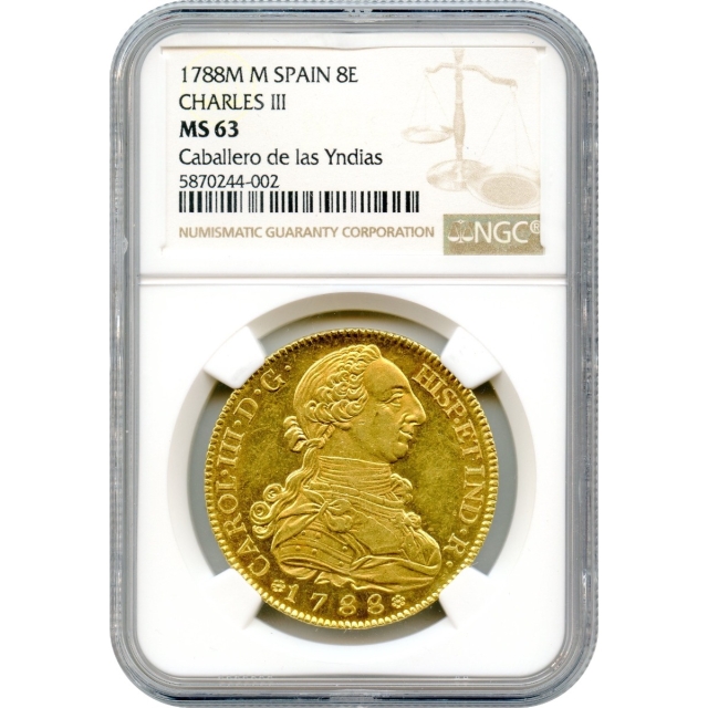 World Gold - 1788-M 8 Escudos, Charles III Madrid Mint, Spain NGC MS63 