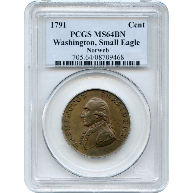 1791 Colonial Cent Washington Head, Small Eagle PCGS MS64BN Ex.Norweb